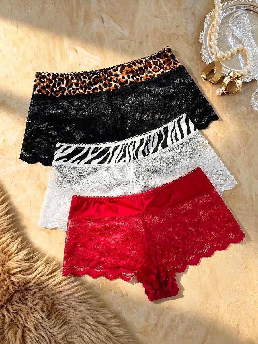 Bare Chapter 3pcs/Set Women's Sexy Lace Hipster Panties, Animal Print Briefs - Multicolor - View 1