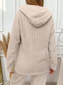 SHEIN Cottnline Women's Message Embroidered Hooded Long Sleeve Sleepwear Top - Beige - View 2