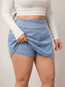 SHEIN CURVE+ CURVE+ 大尺碼女款抓褶牛仔迷你裙，休閒日常與夏季通勤辦公裙 - 淺色水洗藍 - 查看 3