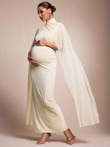 MaterniChic Elegant Chic Two Pieces Maternity Party Photoshoot Set: Cream Dress With Matching Shawl Stylish Fall Maternity Wear Suitable For Evening Events - Beige - View 6
