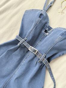 Elamini Women's Waist Corn Buckle Design Suspender Denim Romper - Light Wash - View 3