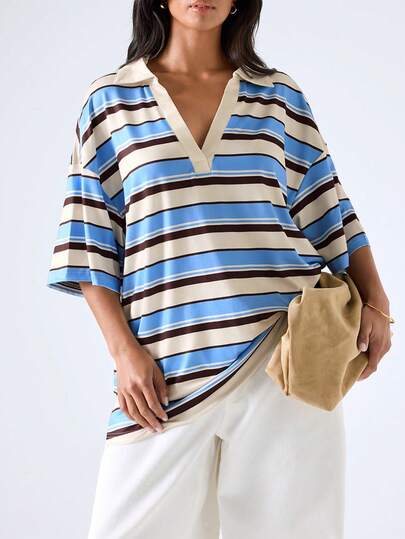 LYSMO 女款休閒寬鬆條紋 Polo 衫