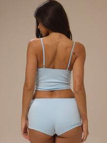 MUSERA Blue Picot Trim V Neck Cami Top With Fitted Picot Trim Mini Shorts Sold As Set Pajamas - Blue - View 4