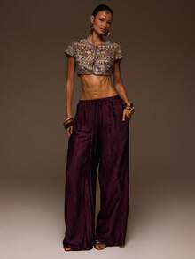 MUSERA Brown Woven Embellished Keyhole Cut Out Crop Top - Khaki - View 5