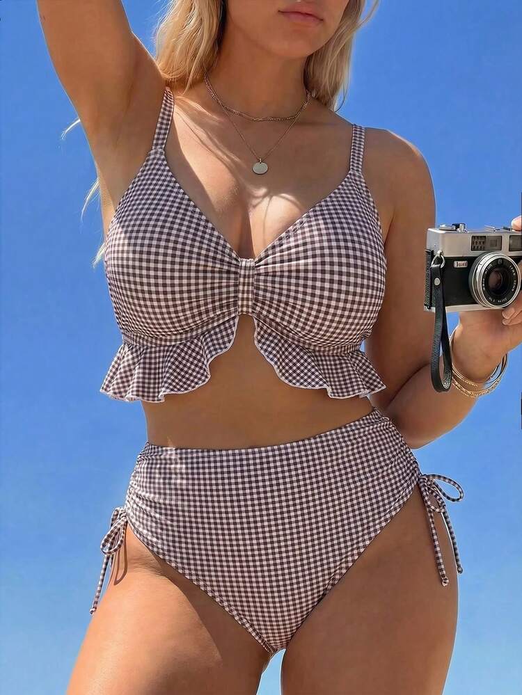 Swim Mod 2026 New Spring/Summer Plus Size 2-Piece Brown & White Plaid Random Print V-Neck Ruffle Hem Adjustable Strap Top With Side Tie High Waist Triangle Bottom Bikini Set Set For Women - Multicolor - View 3