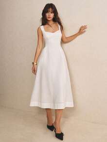 Poéselle Elegantes französisches Midi-Kleid für Damen in Weiß, einfarbig, mit Herz-Ausschnitt, ärmellos, quadratischem Ausschnitt, für Abschlussfeier, Hochzeit, Poolparty und Tagesparty im Sommer - Weiss - Übersicht 7