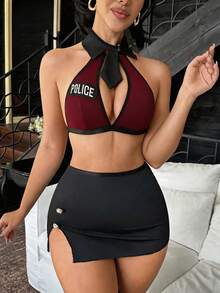 Fantasy Costume Fantasy Costume 女款性感警察服裝套裝，含領帶、修身開衩裙與魚網襪，5件組 - 酒紅色 - 查看 6