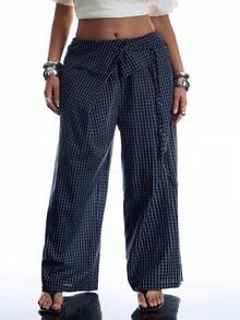 LYSMO Plus Size Fashionable Boho Plaid Wide-Leg Pants For Commuting Beach Vacation Navy Blue Autumn - Navy Blue - View 1