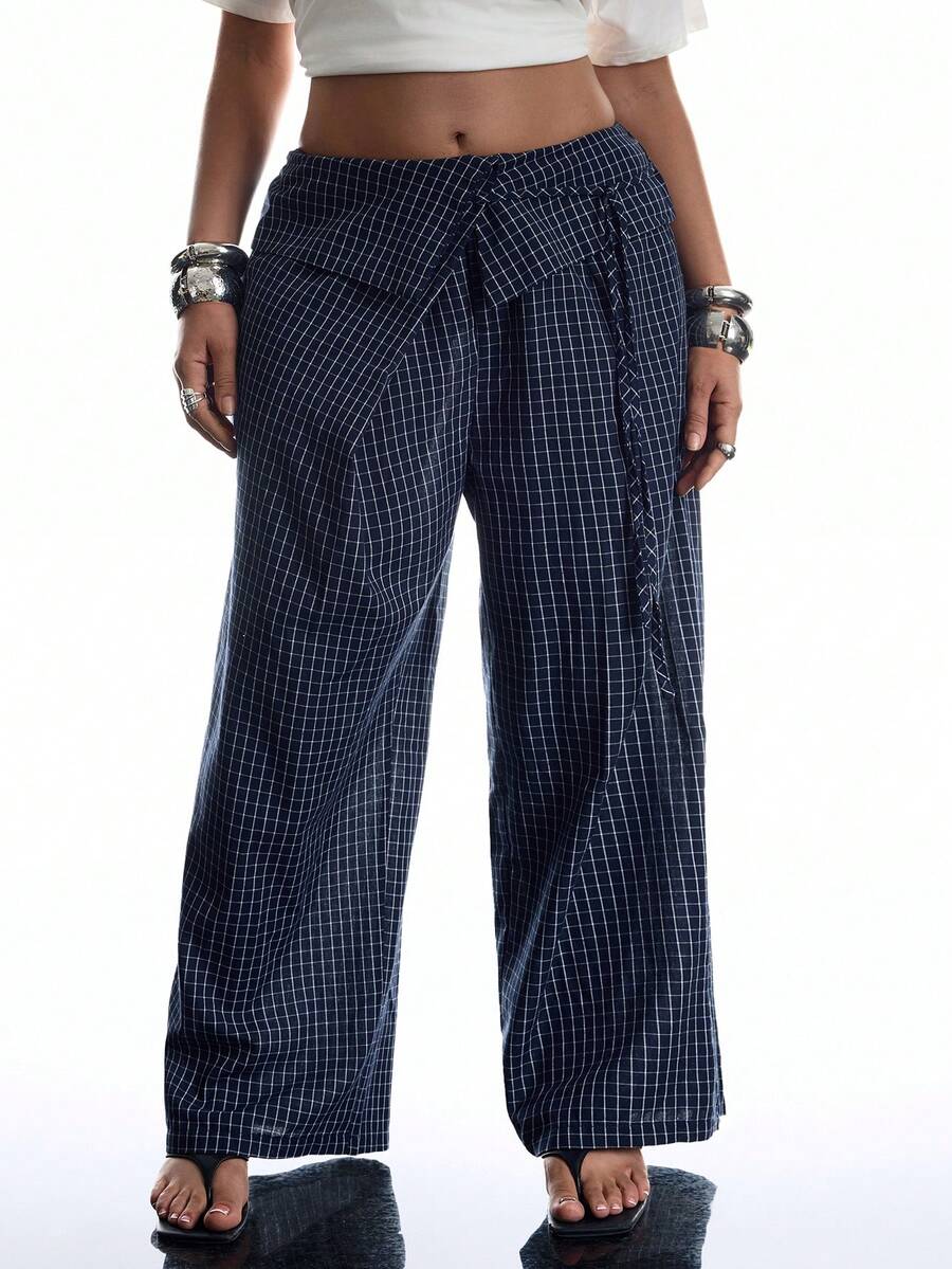 LYSMO Plus Size Fashionable Boho Plaid Wide-Leg Pants For Commuting Beach Vacation Navy Blue Autumn - Navy Blue - View 1