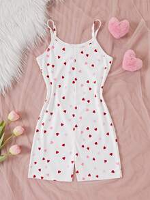 Teen Girls Fitted Spaghetti Strap Jumpsuit With Dark And Light Heart Pattern, Soft And Comfortable Fabric, Cute And Playful Home Wear For Girls, Best Gift For Girls - Multicolor - View 2