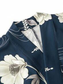 Irokai 日式傳統夏季女款兩件式浴衣和服，花卉印花（不含腰帶） - 藏蓝色 - 查看 7