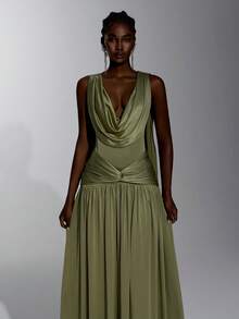 Elitara Elegant Luxurious Beaded Sequin Cowl Neck Back Flutter Sleeve Tassel Elastic Knit Mesh Ruched Bandeau Full Skirt Dress With Strapless Piece For - Army Green - View 7
