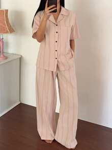 DAZY Conjunto de pijama de mujer con botones y contraste de colores a rayas - Rosa - Ver 4