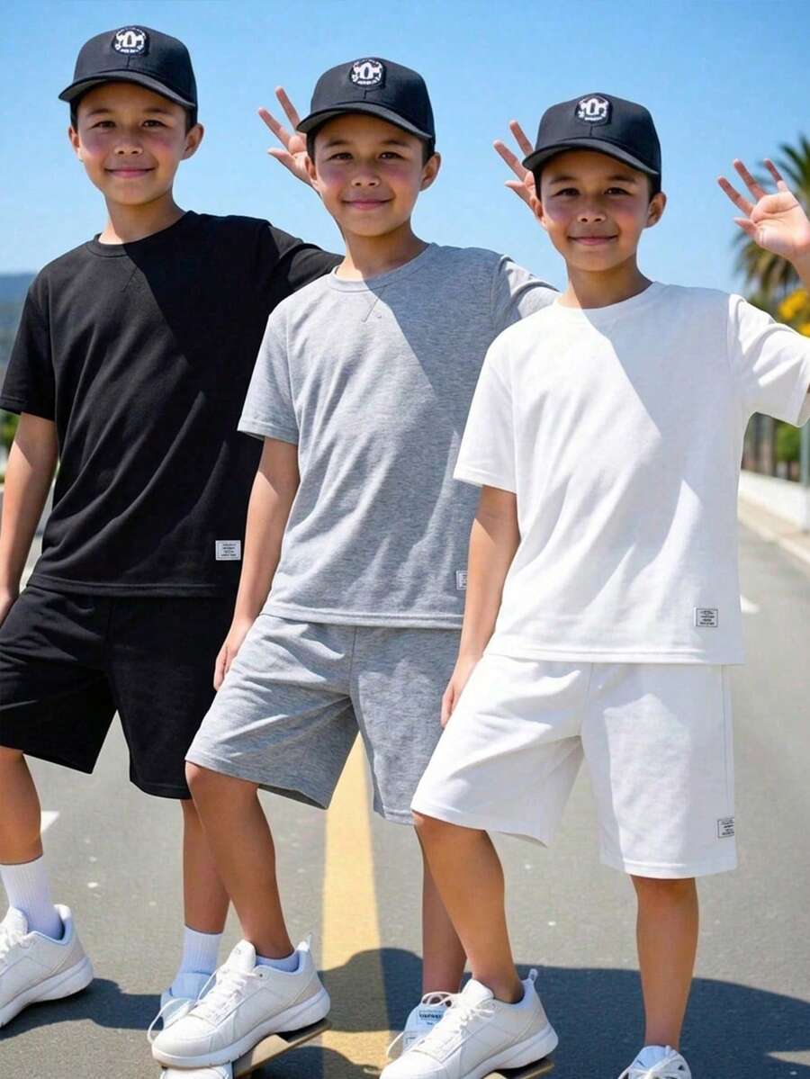 SHEIN 青少年男孩 6件/套 夏季休閒時尚圓領T恤+短褲套裝，全白，親子穿搭，舒適短袖T恤，基礎童裝