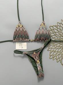 Swim Mod 女款 26SS 春夏新款鉤編布料 V 領露背三角比基尼套裝，2 件式海灘度假泳衣 - 綠色 - 查看 1