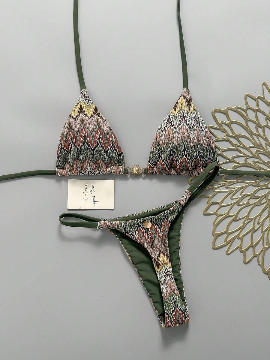 Swim Mod 女款 26SS 春夏新款鉤編布料 V 領露背三角比基尼套裝,2 件式海灘度假泳衣 - 綠色 - 查看 1
