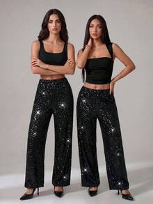 SHEIN PETITE 高腰亮片时尚优雅阔腿裤 - 黑色 - 查看 1