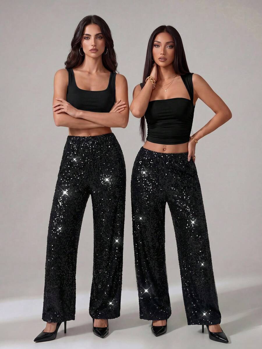 SHEIN PETITE 高腰亮片时尚优雅阔腿裤 - 黑色 - 查看 1