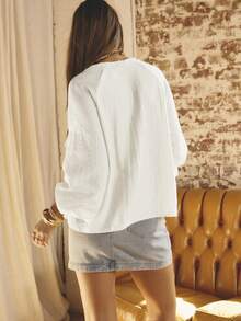 Aralina Ruffled V-Neck Long Sleeve Front Tie Blouse - White - View 2