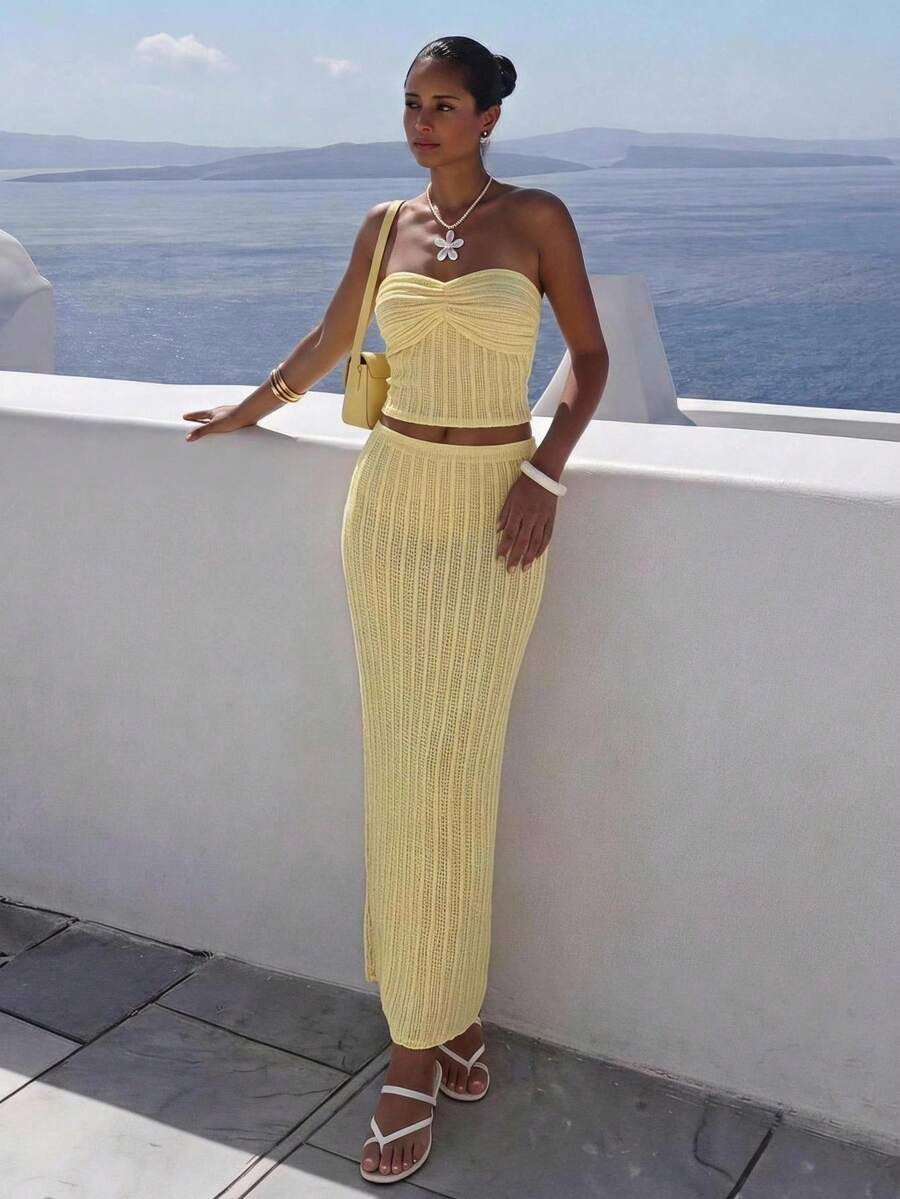 Firerie 女款優雅浪漫精緻度假海灘海邊約會派對舞會婚禮賓客流蘇布料露背繫帶抹胸上衣與長裙兩件套