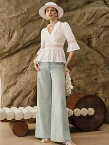 SHEIN Elegant Elegant Summer White Faux Silk Lace Patchwork Blouse Shirt - White - View 4