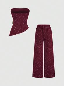 Sweetra Spring/Summer Fashion New Vintage Strapless Ruched Metal Buckle Waist-Cinching Slimming Asymmetrical Hem Top & Minimalist Wide Leg Long Pants Elegant Women's Brown Polka Dot 2-Piece Set - Burgundy - View 2
