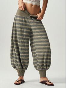 Bohemela Casual Solid Color Knit Loose Fit Women's Long Pants - Army Green - View 2