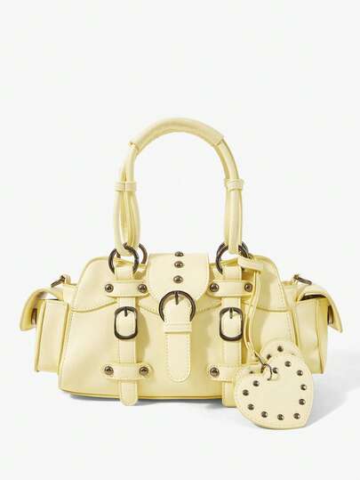 Viva Strut Ladies Fashionable Personalized Street Sweet Cool Girls Y2K Style Heart Pendant Retro Locomotive Handbag, Light Yellow Faux Leather