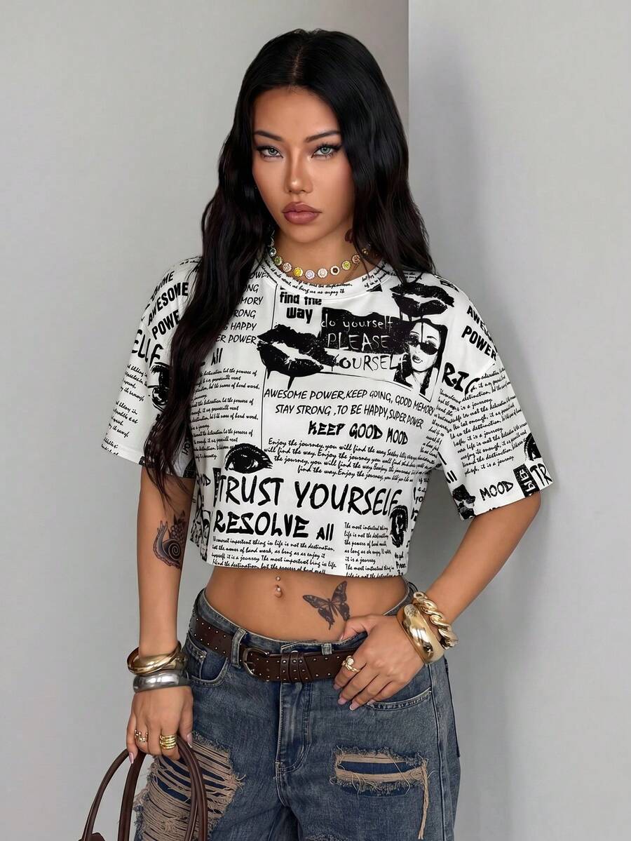 Coolane Newspaper Print Mesh Short Sleeve Top - Black and White - View 1