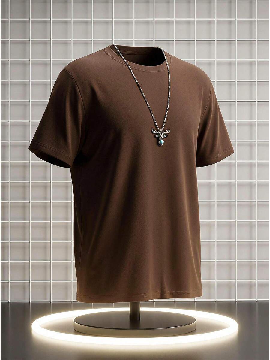 NEOREFINED Men's Solid Color Round Neck Short Sleeve T-Shirt - Coffee Brown - View 1