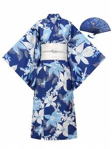 Irokai 日式傳統和服深藍色鏡花月紋女款改良兩件式浴衣套裝 - 彩色 - 查看 3