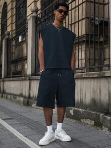 Major Grit Men's Vest Set, Young Street Style, Textured Fabric, Fashionable Everyday Wear - Navy Blue - View 5
