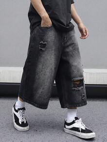Manfinity EMRG Men's Pocket Distressed Wide Leg Loose Cropped Denim Jeans, Holiday - Black - View 1
