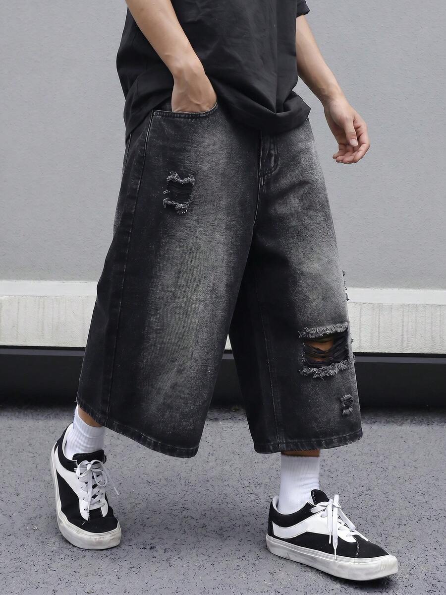 Manfinity EMRG Men's Pocket Distressed Wide Leg Loose Cropped Denim Jeans, Holiday - Black - View 1