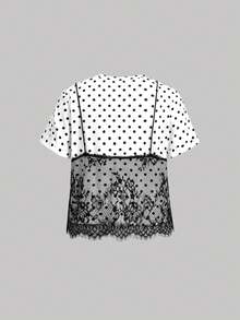 SHEIN MOD 女款黑白波點 2 合 1 蕾絲拼接圓領短版 T-shirt - 黑與白 - 查看 2