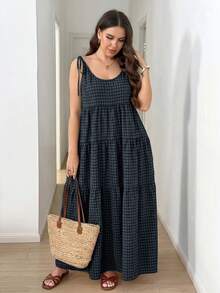 SHEIN LUNE 大尺碼夏季休閒格紋無袖洋裝 - 彩色 - 查看 3