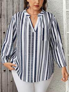EMERY ROSE Plus Size Casual Striped Notch Collar Shirt Fall - Multicolor - View 3