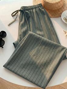 SHEIN EZwear 女款休閒繫腰直筒長褲，適合夏季 - 軍綠色 - 查看 4