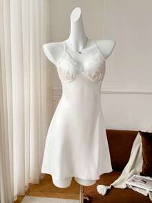 Moireta Solid Color Splice Lace & Satin Cami Pajama Slip Dress Luxeloungewear - White - View 2