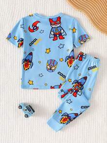2pcs/Set Young Boy Knit Round Neck Short Sleeve Long Pants Blue Cute Funny Cartoon Pattern Simple Casual Comfortable Soft Snug Fit Loungewear Summer - Blue - View 3