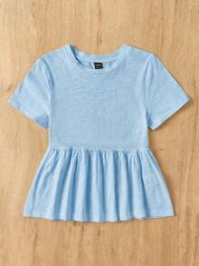SHEIN EZwear Women's Casual Round Neck Short Sleeve Pleated Hem T-Shirt Vacation Light Blue Summer - Baby Blue - View 7