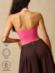 VARSIVA Women's Halter Neck Backless Colorblock Pink And White Polka Dot Sexy Cute Sporty Active Tank Top Tennis Summer - Multicolor - View 9