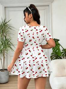 Solflare Women's Plus Size Cherry Pattern Square Neck Casual Jumpsuit - Multicolor - View 2