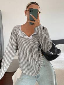 DAZY 女款露肩純色寬鬆版型T恤校園風 - 灰色 - 查看 4