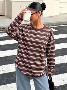 Muchica 女款休閒極簡復古棕色與粉色條紋寬鬆露背綁帶長袖T恤，適合外出、返校、街頭穿搭、露背上衣、秋季上衣，適用於日常通勤、約會、聚會、秋冬春夏、聖誕節、新年、感恩節、派對、婚禮、海灘、畢業典禮，時尚優雅休閒 - 彩色 - 查看 4