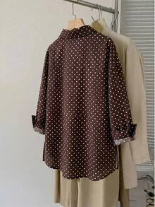 SHEIN CURVE+ 大尺碼女裝，春季時尚，休閒，寬鬆舒適，日常基本款，修身，棕色條紋，超寬鬆鈕扣襯衫，春季穿著，女款襯衫，簡約風格，工作上衣 - 棕色 - 查看 2