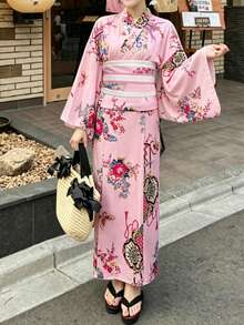 Irokai Japanese Traditional Summer Women's Two-Piece Kimono Yukata With Floral Print (Belt Not Included) - Pink - View 1