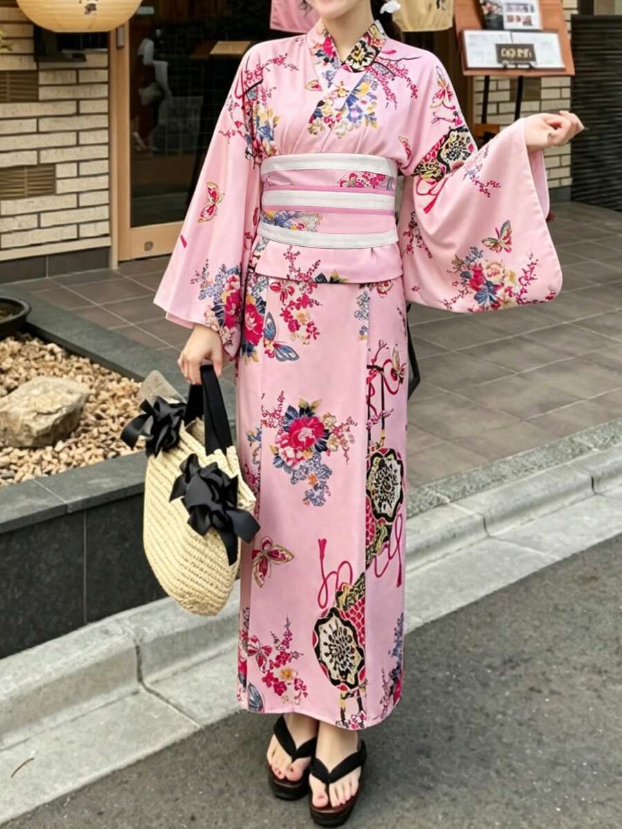 Irokai Japanese Traditional Summer Women's Two-Piece Kimono Yukata With Floral Print (Belt Not Included) - Pink - View 1