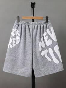 SHEIN 青少年男孩夏季休閒字母印花短褲 - 淺灰色 - 查看 3