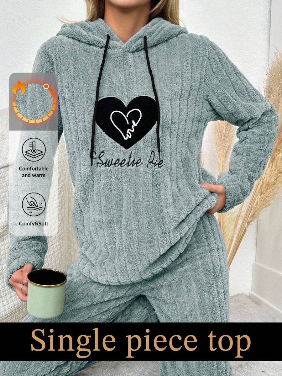 SHEIN Cottnline Women's Letter Heart Embroidered Drawstring Hooded Plush Long Sleeve Pajama Top